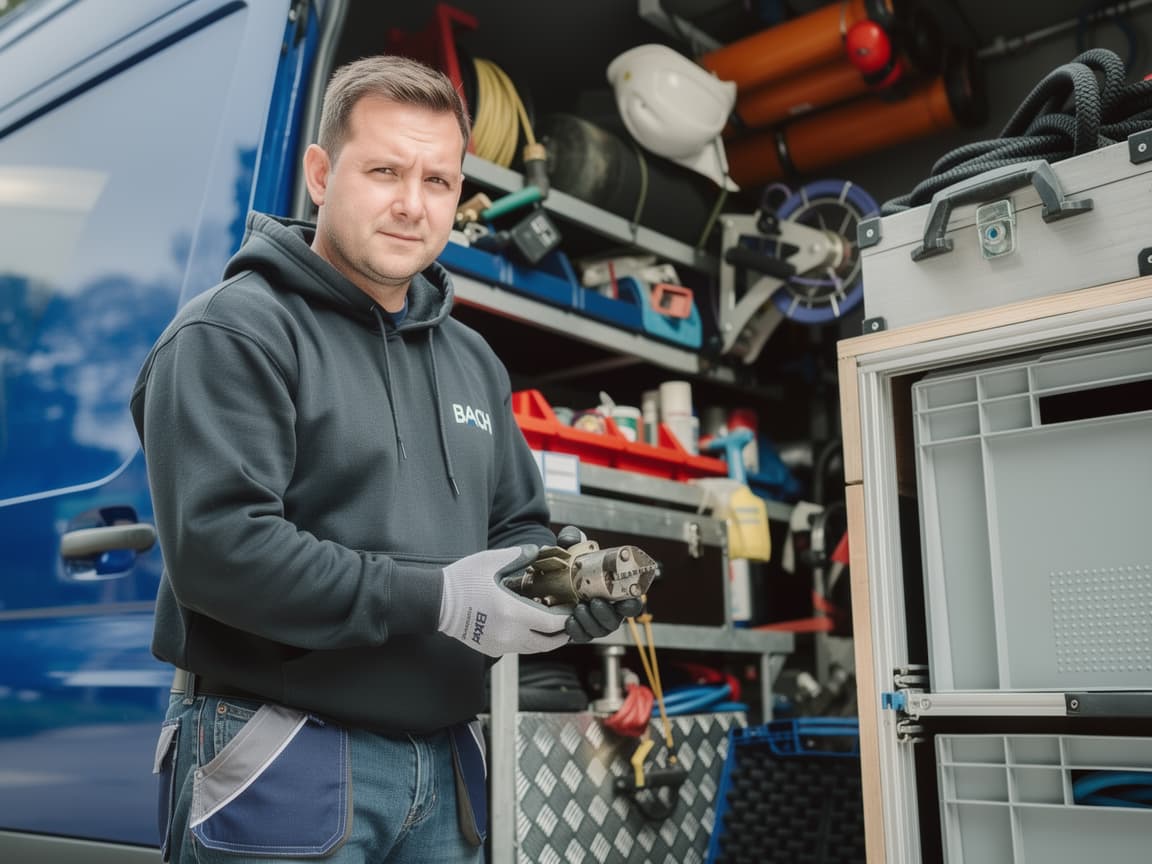 Rohrreinigung Bach – Fachmann mit professioneller Ausrüstung am Einsatzfahrzeug