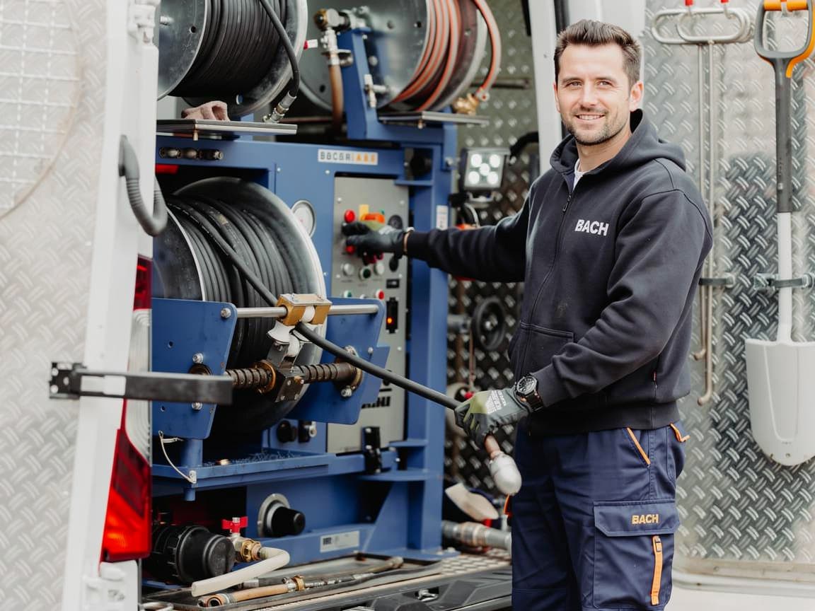 Rohrreinigung Bach Techniker am Einsatzfahrzeug mit professioneller Ausrüstung