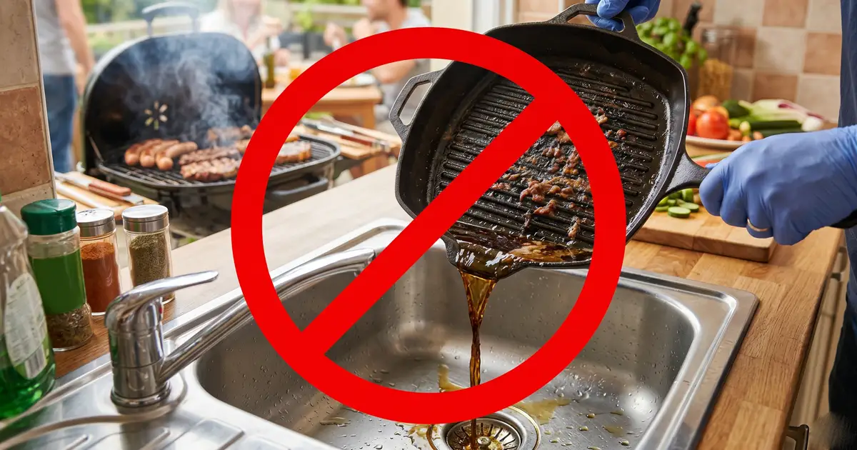 Fettige Pfanne über Küchen-Spülbecken — typischer Auslöser für verstopfte Abflüsse in der Grillsaison